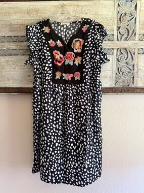 Kirundo Size L Floral Embroidered Ruffle Sleeve Knee Length Dress Navy White Dot